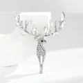 Silver deer brooch with white crystal accents and rhinestones for women - Silver Reindeer Style