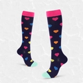 Navy compression socks with colorful heart patterns and bright pink ribbed cuffs - S/M / Navy Heart