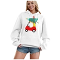 White Christmas hoodie with red truck and Christmas tree print, fleece drawstring design - S / Tops / White