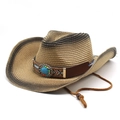 Détail d'un chapeau de cowboy en paille avec pierre turquoise et bord dégradé - M(56-58cm) / Style Western à Dégradé Marron Foncé (5)