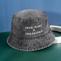 Deep grey washed denim bucket hat with white thick thighs thin patience embroidery - One Size / Black