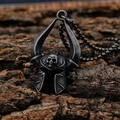 Vintage stainless steel skull helmet pendant with horns on rustic bark background - Skull Helmet Pendant (E0211)