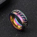 Rainbow stainless steel spinner ring featuring Roman numerals and a central metal chain - US 6 / Colorful