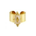 Retro gold stainless steel wide ring with rectangular natural stone and star detail - Adjustable Open / White