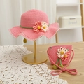 Detailed view of pink straw hat and matching floral bag set for girls outdoor wear - S (Kids 52cm) / Hat + Bag Set / Watermelon red