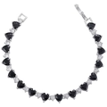 Detail of silver heart bracelet featuring black heart-shaped zircons and fold-over clasp - Platinum Black Zirconia