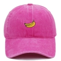 Close-up of yellow banana embroidery on a rose pink washed cotton baseball cap - Rose Red