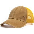Distressed mustard yellow washed cotton baseball cap with breathable mesh back and torn detail - Adjustable / Yellow
