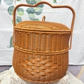 Brown woven picnic basket with lid and handle for storage and outdoor shopping - Double Layer Round Picnic Basket 38x30cm