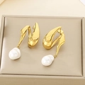 Detail view of gold V-shaped earrings with baroque pearls and ethnic hollow design - Irregular Abstract Line Pearl Style (29*21mm) / Gold (KE116277-GC)