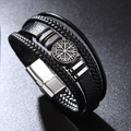 Men's multilayer braided leather bracelet with silver Viking compass metal charm - 21.5cm / Black