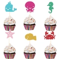 Glittery ocean animal cupcake toppers featuring whales and seahorses for mermaid parties - 24Pcs 6 Styles Sea Animal Cupcake Toppers