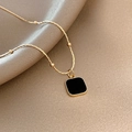 Titanium steel gold necklace featuring a square black pendant and golden beads - Gold