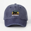 Close-up of the black cat graphic and 'EW, PEOPLE.' slogan on a blue washed denim baseball cap - One Size / Navy Blue