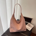 Minimalist dusty pink suede tote bag with wide shoulder strap on a black leather stool - Shoulder Bag Set / Pink