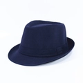 Detail view of navy blue fedora hat with teardrop crown and decorative ribbon band - Adult 58cm One Size / Navy Blue