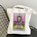 White canvas tote bag featuring a tarot-style frog chariot and pink clouds illustration - C12-The Chariot Tarot Frog (No Zipper No Pocket)