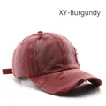 Distressed wine red cotton baseball cap with vintage washed finish and torn details - Burgundy