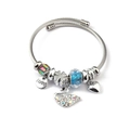 Stainless steel bangle with swan pendant and rainbow beads in silver finish - LOVE Tag Swan (C2-004) / Blue