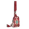 Ethnic red canvas crossbody bag with bohemian geometric diamond patterns and leather straps - Christmas Red