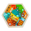Hexagonal wooden puzzle with colorful construction vehicles for toddler skill building - Theme Hexagon - Engineering Vehicle