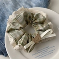 Korean style green plaid scrunchie with beige lace trim and cute brown bear bow accent - Brown Plaid Lace Bow