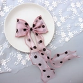 Detailed view of pink polka dot organza hair bow clip with long flowing ribbons - 1229 Korean Pink Mesh Black Polka Dot (with Clip)