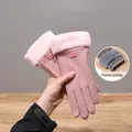 Gants thermiques roses pour femmes avec bordure en fourrure et écran tactile - Taille unique / Étiquette en Cuir Deux Lignes Rose (Doublé Peluche)