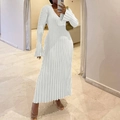 Abito lungo in maglia a coste bianca con scollo a V e maniche lunghe autunnale - 3XL / Bianco Scollo a V