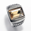 Men's silver stainless steel ring featuring a large amber gemstone and side engravings - Steel Color Champagne Gemstone