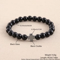 Detail view of black glass beaded bracelet with black cholite cross and size specifications - Polished Black Glass Black Cholite Cross 19cm