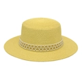 Detailed texture of woven straw boater hat featuring elegant pearl cross band decoration - M (56-58cm) / Neon Yellow