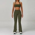 Olive green yoga set featuring halter neck top and high-waisted flared leggings - S / Bra Style 1 + Flare Pants / Vine Green
