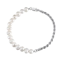 Men's S925 silver bracelet featuring white freshwater pearls and twisted rope chain - NMB04-Pearl Stitch Silver-8 Inch