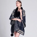 Poncho de punto para mujer con estampado de cuadros azul marino y cuello de pelo sintético - Cuadros Marino