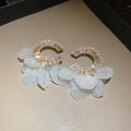 Detail of C-shaped metal earrings with rectangular crystals and white flower petals - 35# Gold Shell Petal Tassel Studs
