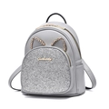 Cute grey PU leather mini backpack with silver glitter and golden cat ear details - Light Gray