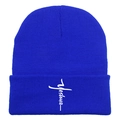 Detail view of royal blue knit beanie with white Yeshua cross embroidery on the cuff - 54-60cm / Sapphire Blue