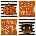 Set of 4 linen Halloween pillow covers with orange pumpkin and black cat designs - Halloween Series 4-Piece Set-12