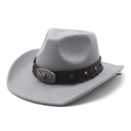 Classic western wool felt cowboy hat with leather band and embossed bull head buckle - M(56-58cm) / Gray