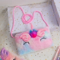 Detail of plush unicorn crossbody bag with glitter wings and soft gradient pastel faux fur - Tie-Dye Pink