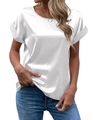 Detail eines weißen Satin-T-Shirts mit Rundhalsausschnitt und Seidenglanz-Struktur - S / Weiß