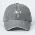 Close-up of good ViBeS only white lettering on dark grey washed denim baseball cap - One Size / Gray