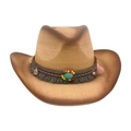Cappello da cowboy in paglia sfumata marrone con perline etniche e nappe turchesi - Taglia unica / Beige e Marrone (Stile Etnico)