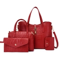 4-teiliges Damen Handtaschen-Set in Rot mit Krokodil-Prägung und goldenen Metallteilen - Rot