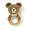 Handmade brown crochet bear baby rattle with natural wooden ring and white bow - Bear with Bow