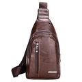 Men's brown sling bag in pebble leather finish with a side view on white background - 925 Brown