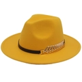 Detail of a ginger wool fedora hat featuring a black band and gold feather metal accessory - M(56-58cm) / Yellow (Golden Leaf)