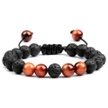 8mm Green Tiger Eye and Black Lava Stone Beaded Bracelet with Adjustable Braided Cord - Lava Rock and Red Tiger's Eye Bracelet
