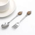 Mini metal spoon and fork set with green agate stone handle inlay and floral engraving - Unakite